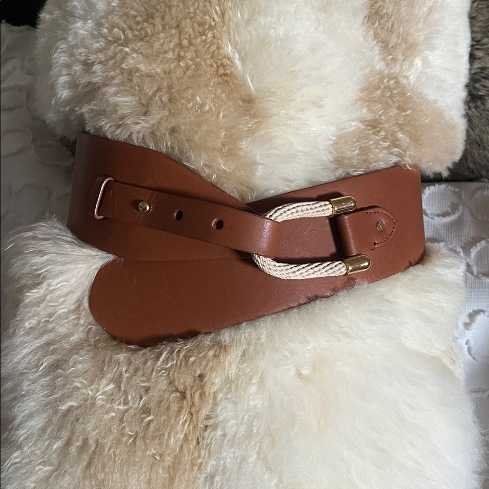 RALPH LAUREN WIDE TAN LEATHER WAIST BELT with Cream Rope & Gold-Tone buckle  EUC